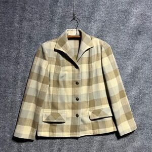Vintage Pendleton Blazer Women L Beige Plaid Wool Jacket Leaf‎ Button Heritage